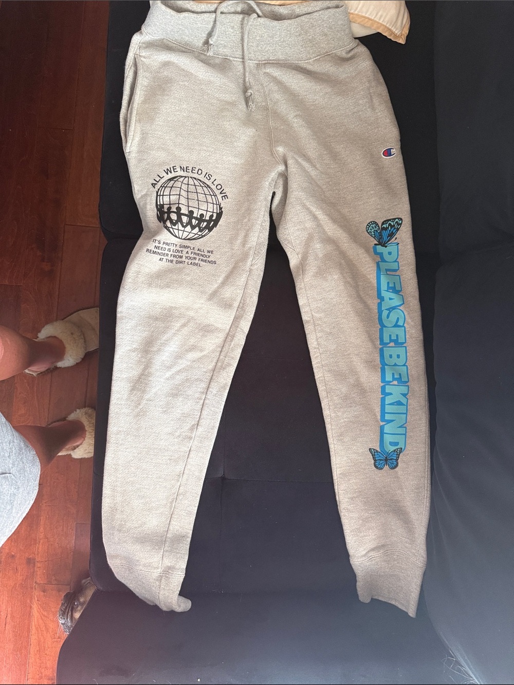 Champion Light Gray Joggers with Blue "PLEASE BE KIND" Graphic